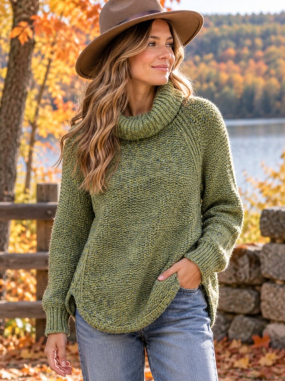 prAna Women’s Large Chunky Knit Cowl Neck Sweater Green Marled Curved Hem